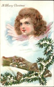 Christmas - Cherub Face in Clouds Bells & Pine Boughs c1910 Postcard