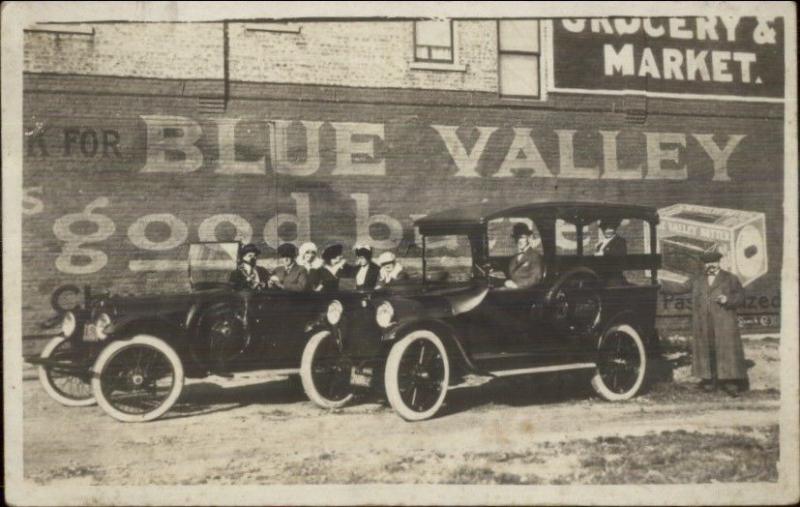 Old Cars Blue Valley Butter Sign on Bricks c1915 Real Photo Postcard