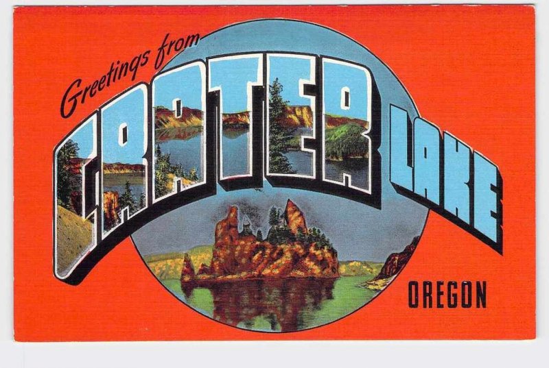 BIG LARGE LETTER VINTAGE POSTCARD GREETINGS FROM OREGON CRATER LAKE