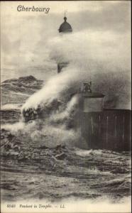 Cherbourg France Lighthouse in Storm c1910 Postcard