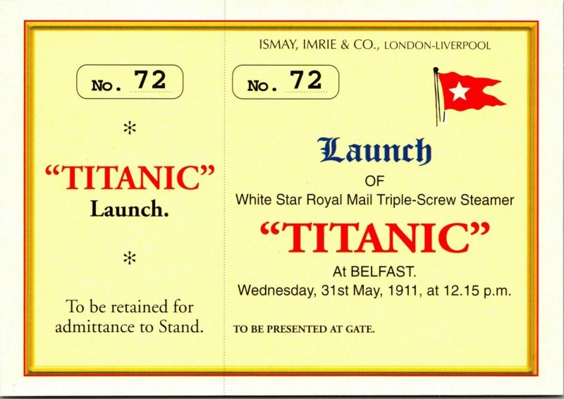 Marina Arte Carteles RMS Titanic Lanzamiento Billete Continental Tamaño Postal