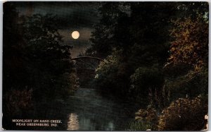 1914 Moonlight on Sand Creek Near Greensburg Indiana IN Bridge Posted Postcard