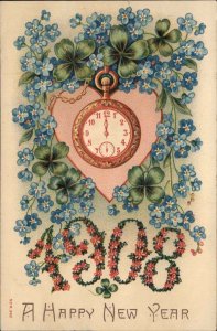 New Year's Watch Clock Clovers Flowers 1908Embossed c1900s-10s Postcard