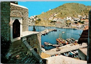 Picturesque View of Hydra w Boats Dock TownGreece Postcard