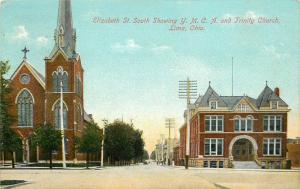 c1907 Postcard; Elizabeth Street Scene Y.M.C.A. & Trinity Church, Lima OH Allen