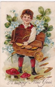 Happy New Year Young Boy With Gold Coins and Mushrooms 1907