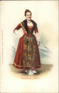 Beautiful Swiss Woman in Costume Graubunden Grisons c1905 Postcard