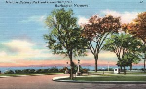 Vintage Postcard 1930s Historic Battery Park & Lake Champlain Burlington Vermont