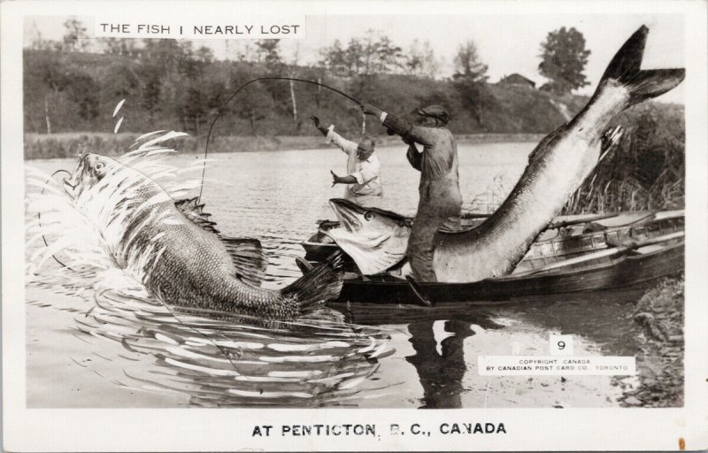 Penticton BC Exaggerated Fish Fishing Angling Fishermen Unused RPPC Postcard E89