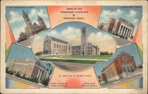 Houston Texas TX Prominent Churches Vintage Linen Postcard