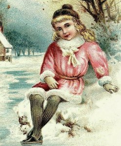 1880's-90's Victorian Religious Card Bible Quote Winter Scene Cute Girl P158