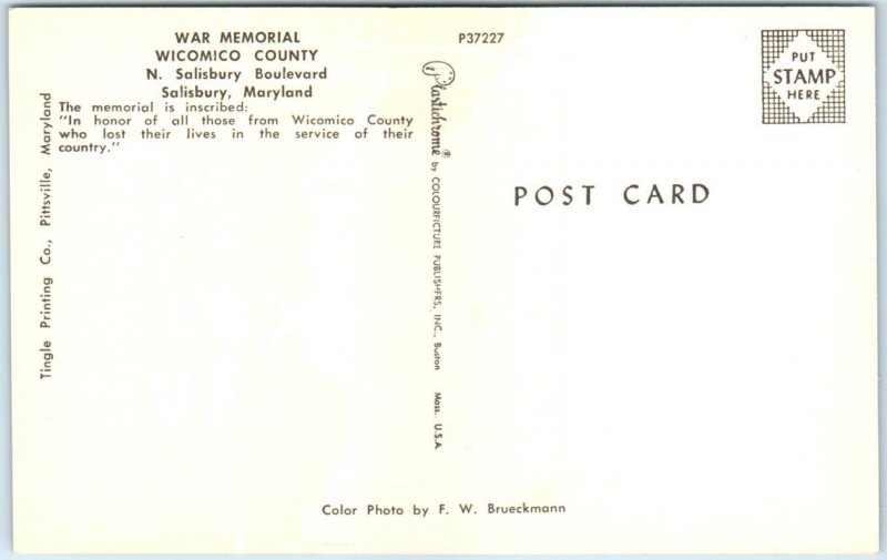 Postcard - War Memorial, Wicomico County - Salisbury, Maryland