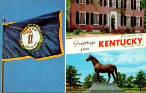 Kentucky Greetings Split View With State Flag Man-O-War Statue an...