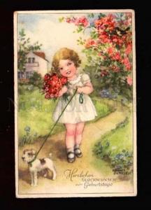 3010169 Girl w/ Roses & FOX TERRIER by PETERSEN vintage PC