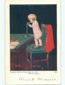 Unused Pre-1907 signed BOY IN DIAPER TALKS TO FATHER ON ANTIQUE TELEPHONE J3676