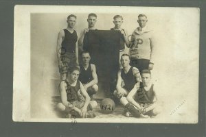 Harlan IOWA RPPC 1921 BOYS BASKETBALL TEAM 3rd Place BANNER nr Avoca Walnut