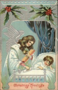 Christmas - Silver Winged Angel Sleeping Child c1910 Embossed Postcard