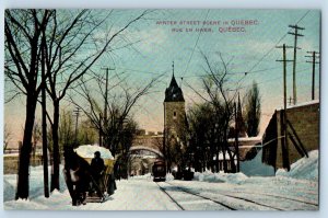1910 Quebec Canada Vintage Postcard Winter Street Scene Streetcar Horse Carriage