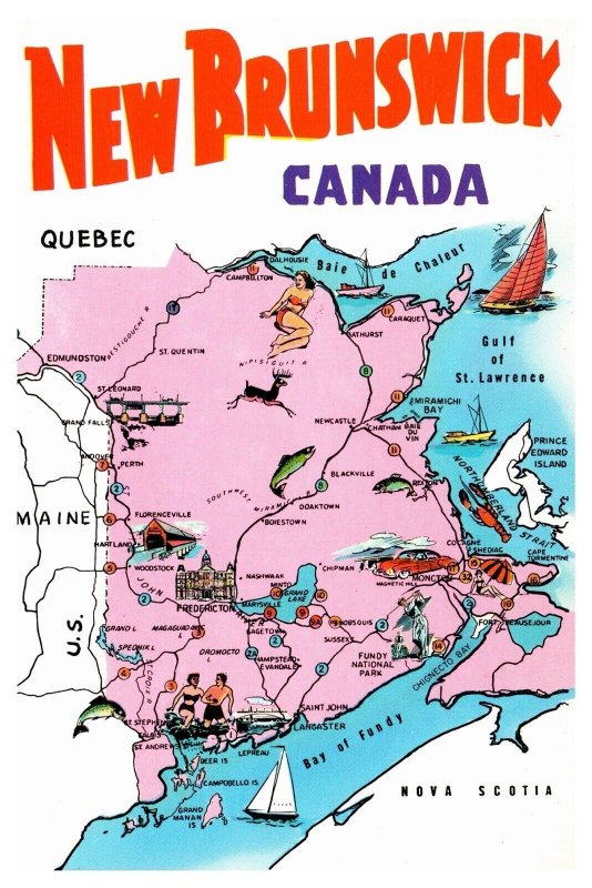 New Brunswick Canada Province Map Cities Landmarks Chrome UNP Postcard