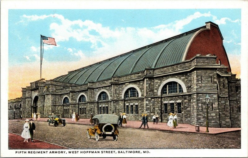 Baltimore MD Postcard Fifth Regiment Armory Hoffman St Old Cars People Flag  
