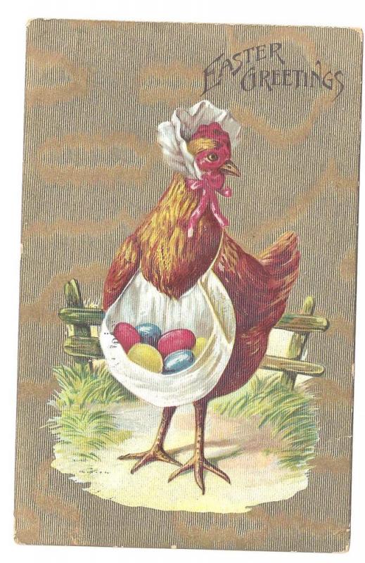 Vintage Easter Postcard Dressed Hen Apron Eggs Gold Moire 