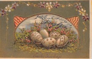 EASTER GREETINGS~BEAUTIFUL DESIGN AND GILT GRIM EGGS POSTCARD c1900s