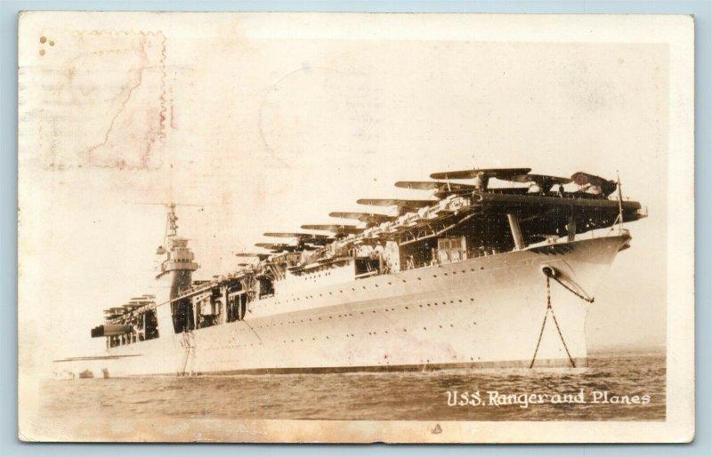 Postcard US Navy Ship USS Ranger & Planes Aircraft Carrier 1940 Photo RPPC AC13