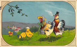 c.1914, Smoking Rooster with his Family, Dressed Animals, Wear, Old Postcard.