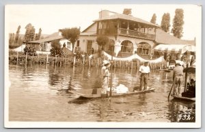 Mexico City Xochimilco Restaurant Canal Tour Boats Near Shore RPPC Postcard A44