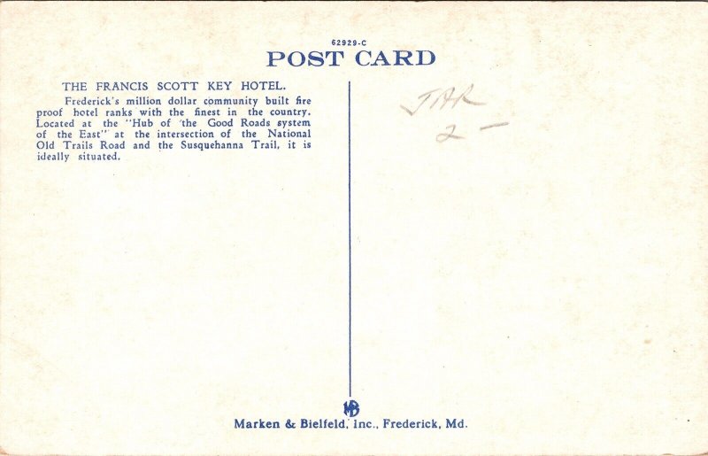 Francis Scott Key Hotel Frederick Maryland MD WB Postcard VTG UNP Vintage