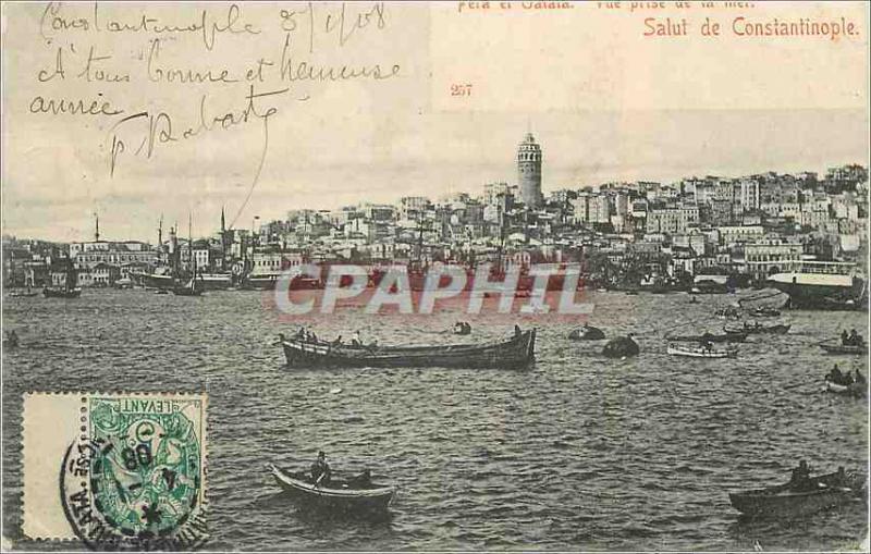  Vintage Postcard Hello of Constantinople Pera and Galata seen from of the sea