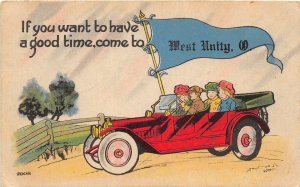 G41/ West Unity Ohio Pennant Postcard 1915 Automobile Good Time