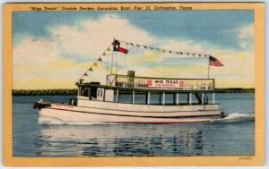 GALVESTON, TX   Double Decker EXCURSION BOAT MISS TEXAS 1956 Linen Postcard