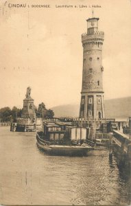 Navigation & sailing themed old postcard Lindau Bodensee lighthouse barge ship