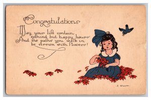 c1922 Postcard Congratulations Girl Flowers Bird Artist Signed 