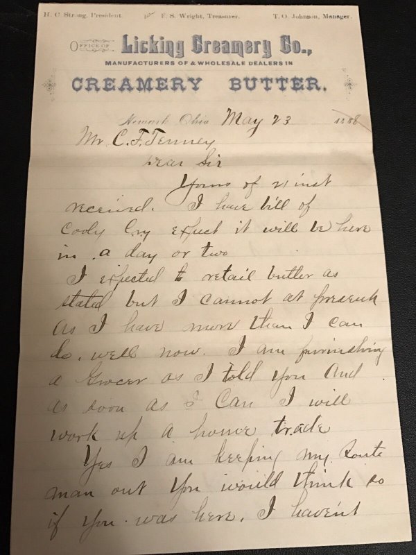 Orig 1888 The Licking Creamery Co. Newark OH  Letterhead Correspondence 5 Pages