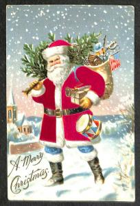 A Merry Christmas Red Silk Robed Santa Claus Bag of Toys Tree Postcard