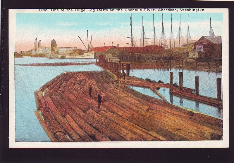 P1636 old unused postcard huge log raft the chehallis river aberdeen washington