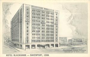 Davenport Iowa~Hotel Blackhawk~Parking Garage~B&W Artist Drawn~1950s Postcard