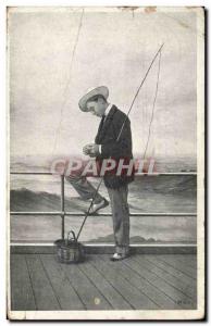 Postcard Fancy Old Man Fishing Fisherman