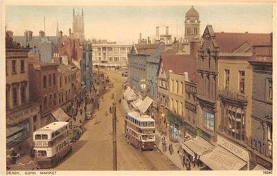 Derby Corn Market Double-Decker Buses c1930s Hand-Colored Vintage Postcard