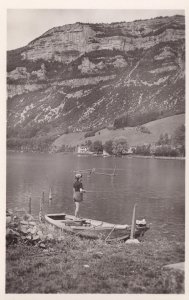 Child Girl Fishing at Nantua France Vintage Real Photo Postcard