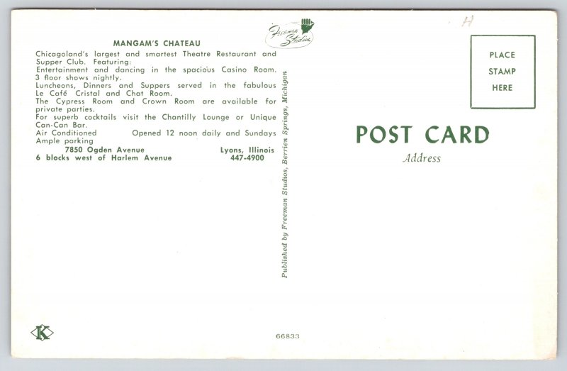 Interior~Mangams Chateau In Chicagoland Lyons IL~Vintage Postcard
