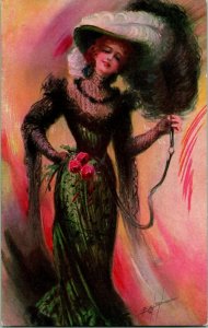 Vtg Postcard C 1910 Victorian Woman w Cat o Nine Tails Whip - Artist Signed