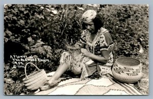 AMERICAN INDIAN BASKET WEAVER VINTAGE REAL PHOTO POSTCARD RPPC REDWOOD CITY CA