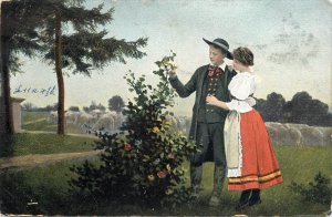 Belgian folk types romantic couple costumes vintage postcard
