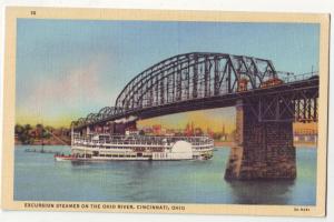 P213 JL old postcard ship streamer ohio river bridge 