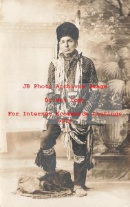 Native American Indian, RPPC, Studio Shot, Man in Costume, Loana Wisconsin PM