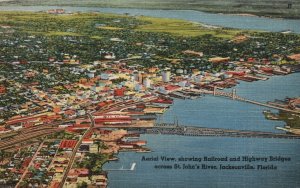 Vintage Postcard Aerial View Railroad & Highway Bridges Jacksonville Florida FL
