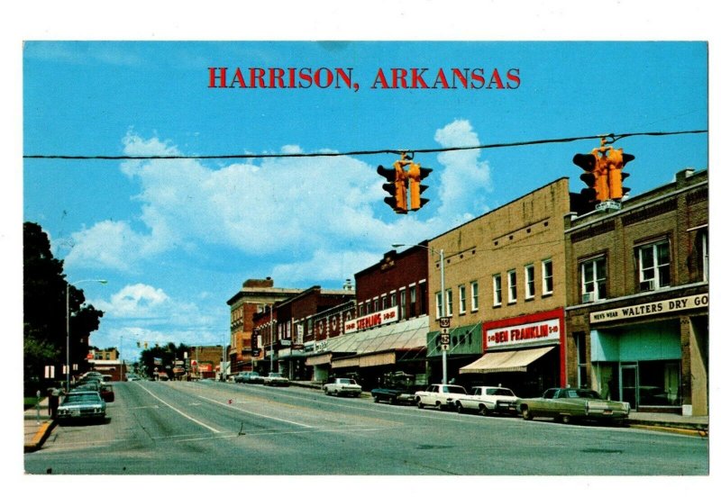 Street Scene Harrison Arkansas Postcard Ben Franklin Shoes Hwy 65 62 #82014